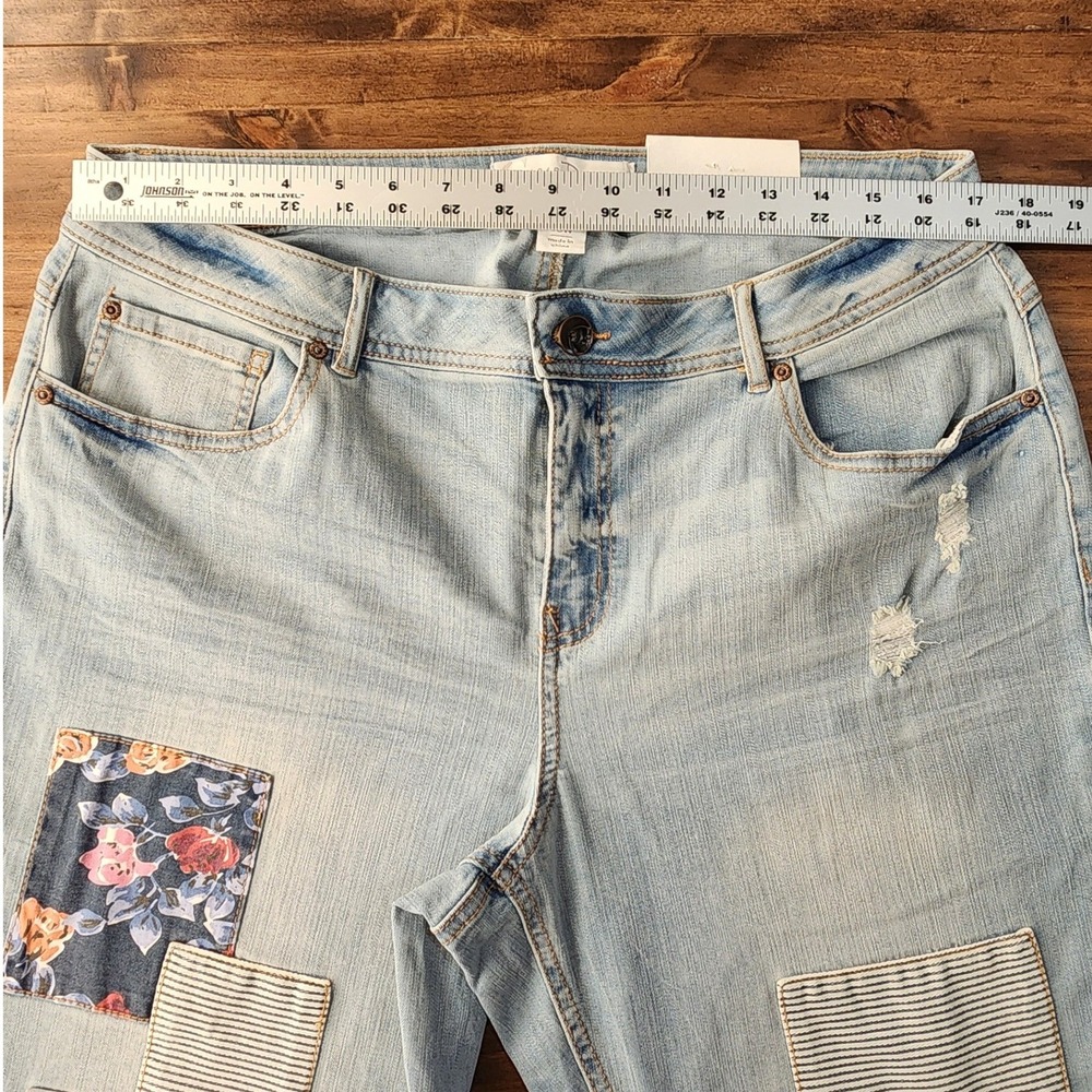 Cato Est 1946 Boho Patchwork Skinny Ankle Jeans Floral Distressed 16W Light Blue - Picture 7 of 9